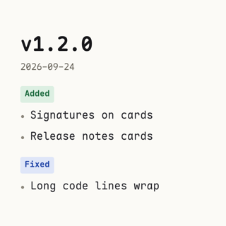 Release notes card made from the text on the left.